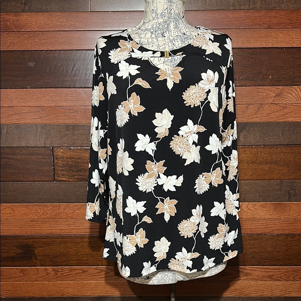 Liz Claiborne Scoop Neck Long Sleeve Black Floral Blouse